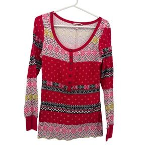 VICTORIAS SECRET Fair Isle Print Long Sleeve Thermal Henley Top‎ Red Womens M